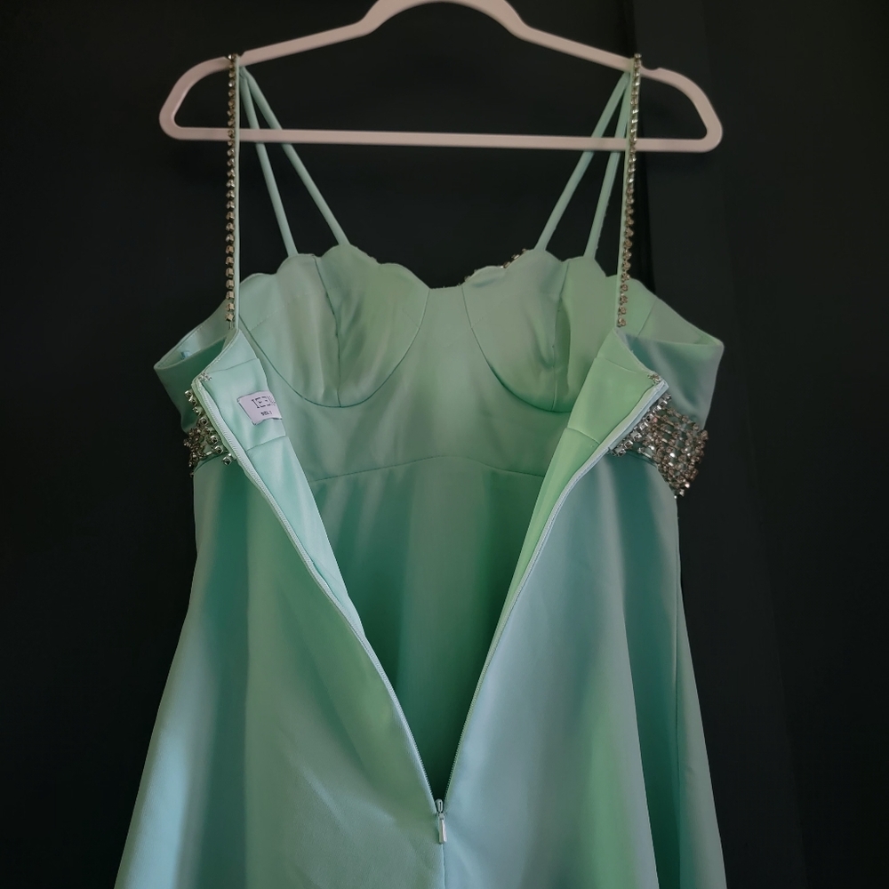 New IEENA for MD 27446 Ocean Blue Rhinestone Fit & Flare Satin Mini Dress Size 2 - Picture 11 of 13